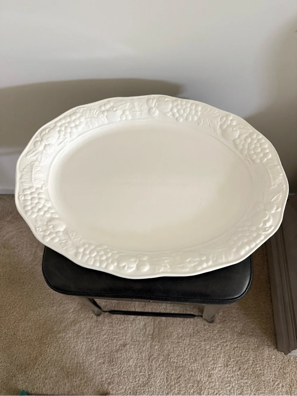 Vintage Classic White Embossed Oval Serving Platter -19 x14”